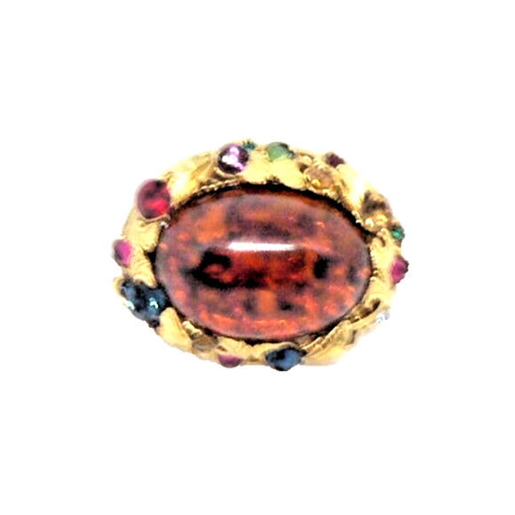 VTG SAMO 652 Signed Amber Stone Brooch w Gold Tone Leaves & Multicolor Stones - Picture 6 of 6
